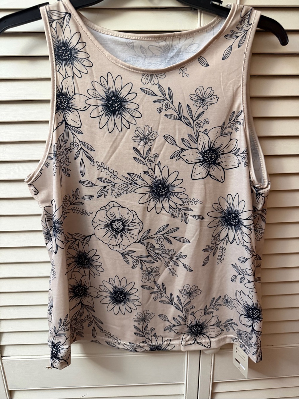 Floral Scoop Neck Tank Top - Cream with Black Print